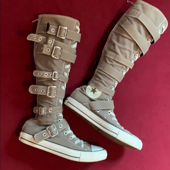knee high converse boots with buckles and straps